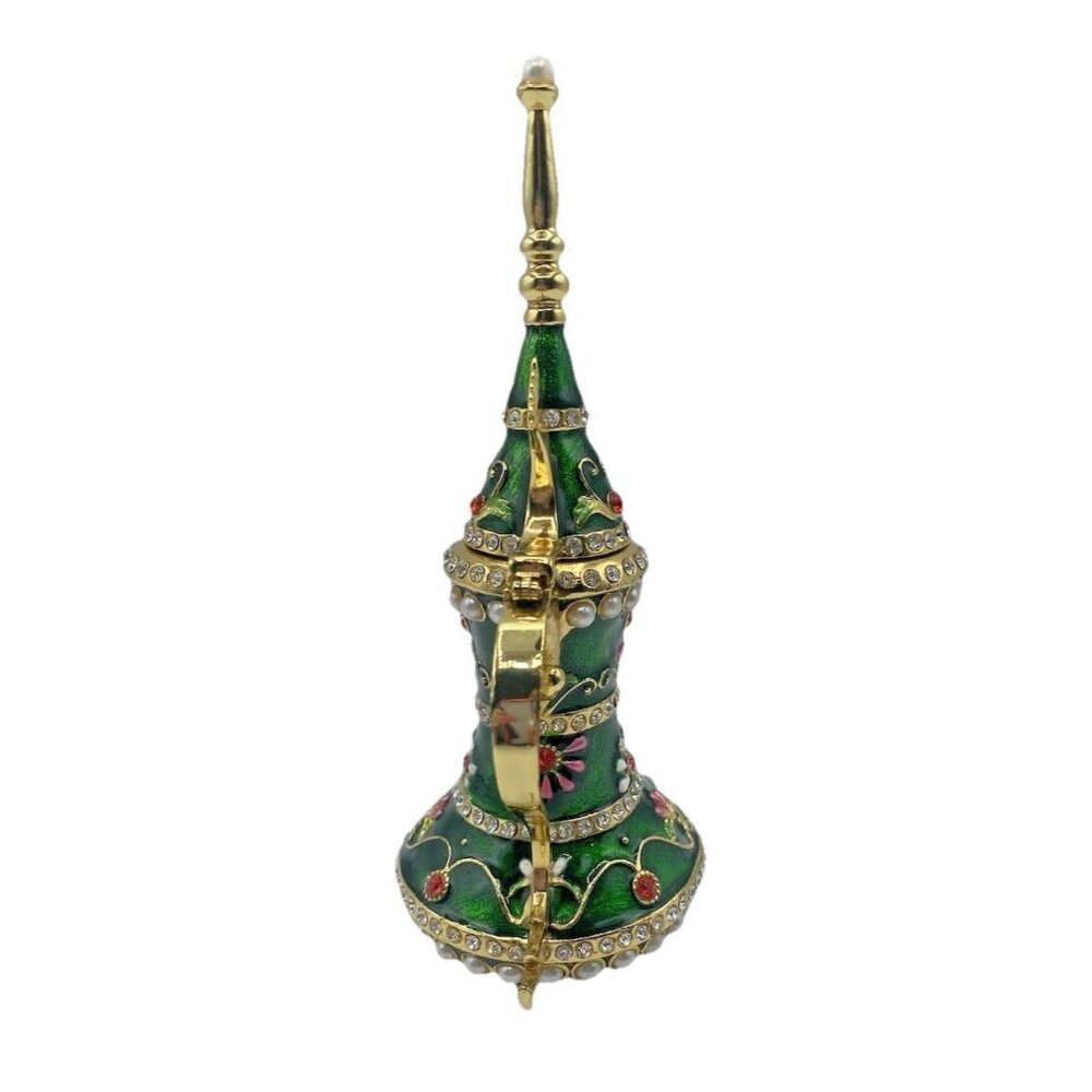Signed Qifu Green Enamel Jeweled Arabian Nights Trinket Stash Ring Vanity Box - Picture 4 of 12
